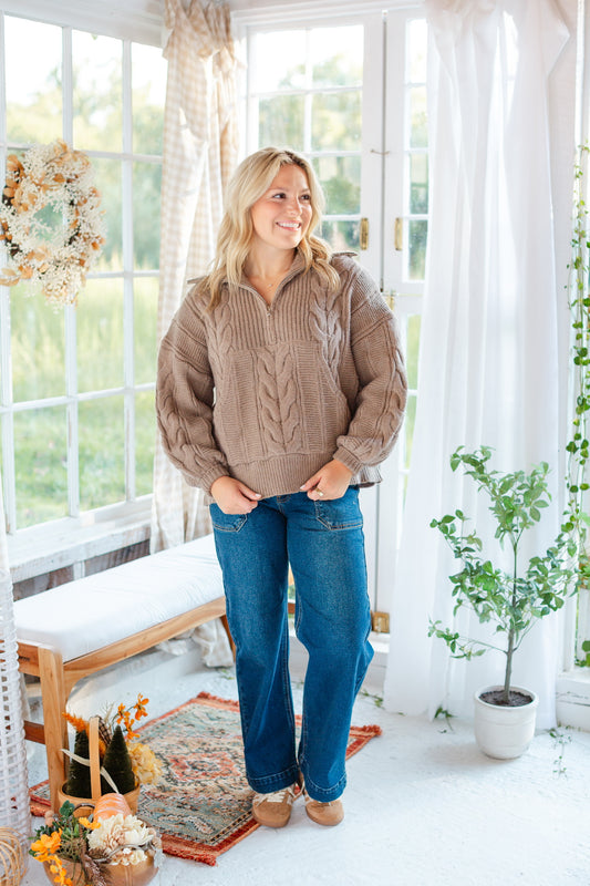 Taupe Chunky Cable Knit Half Zip Sweater