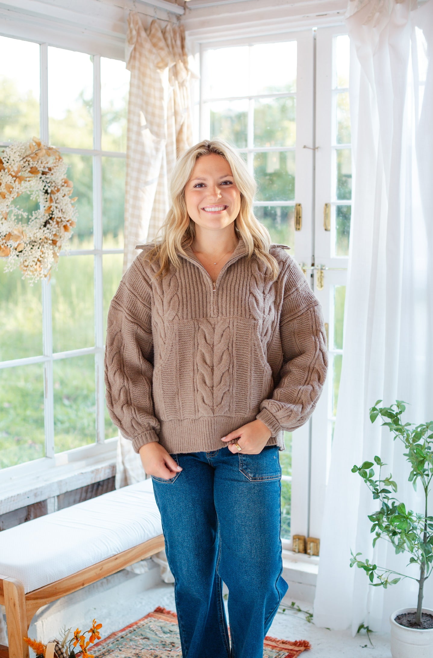 Taupe Chunky Cable Knit Half Zip Sweater