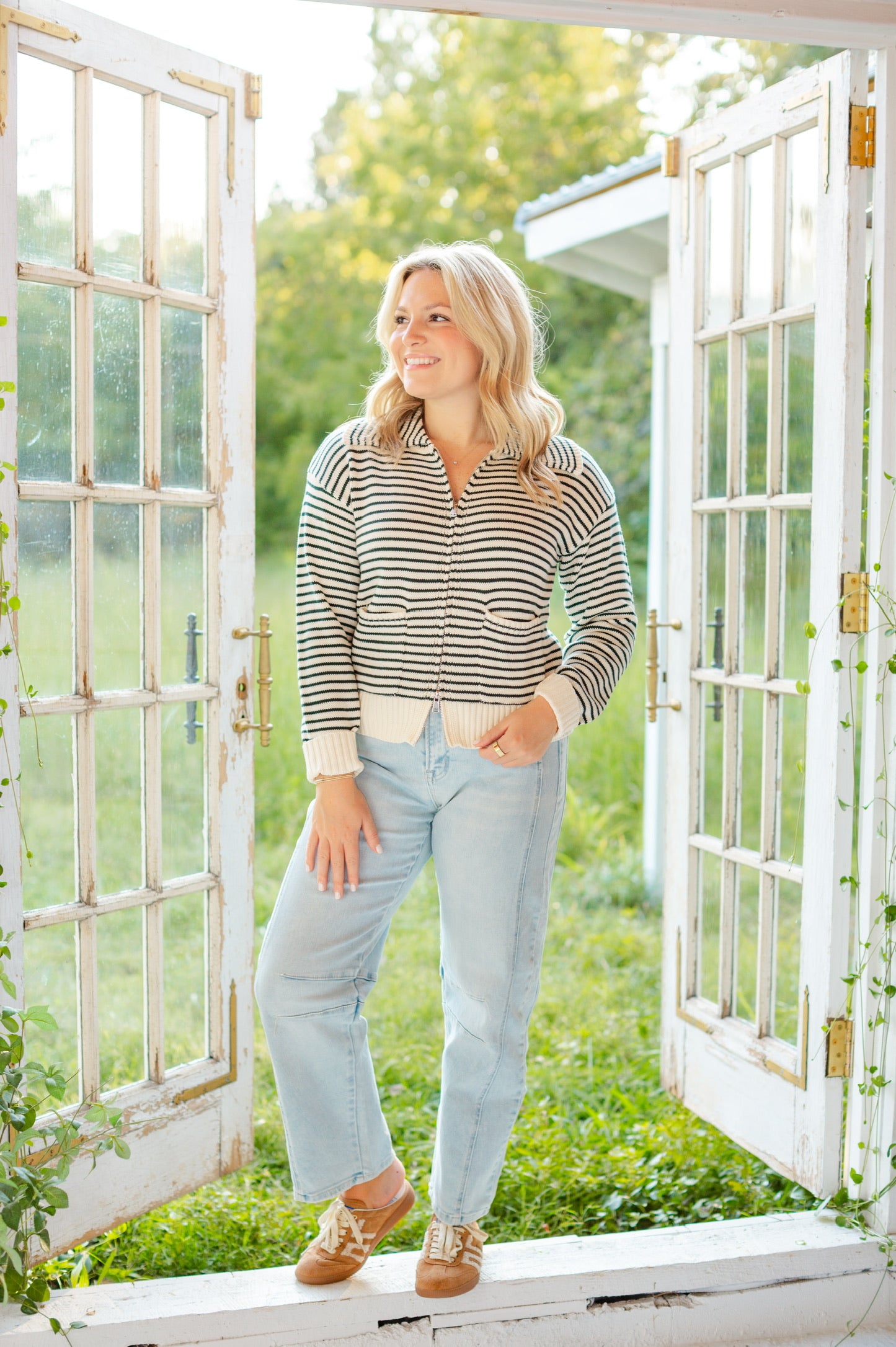Green Striped Zip Up Sweater