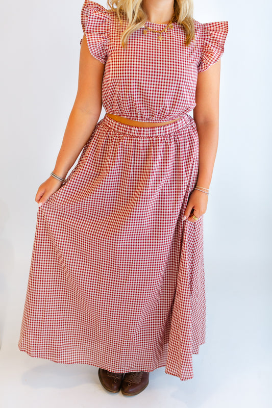Maroon Gingham Matching Maxi Skirt Set