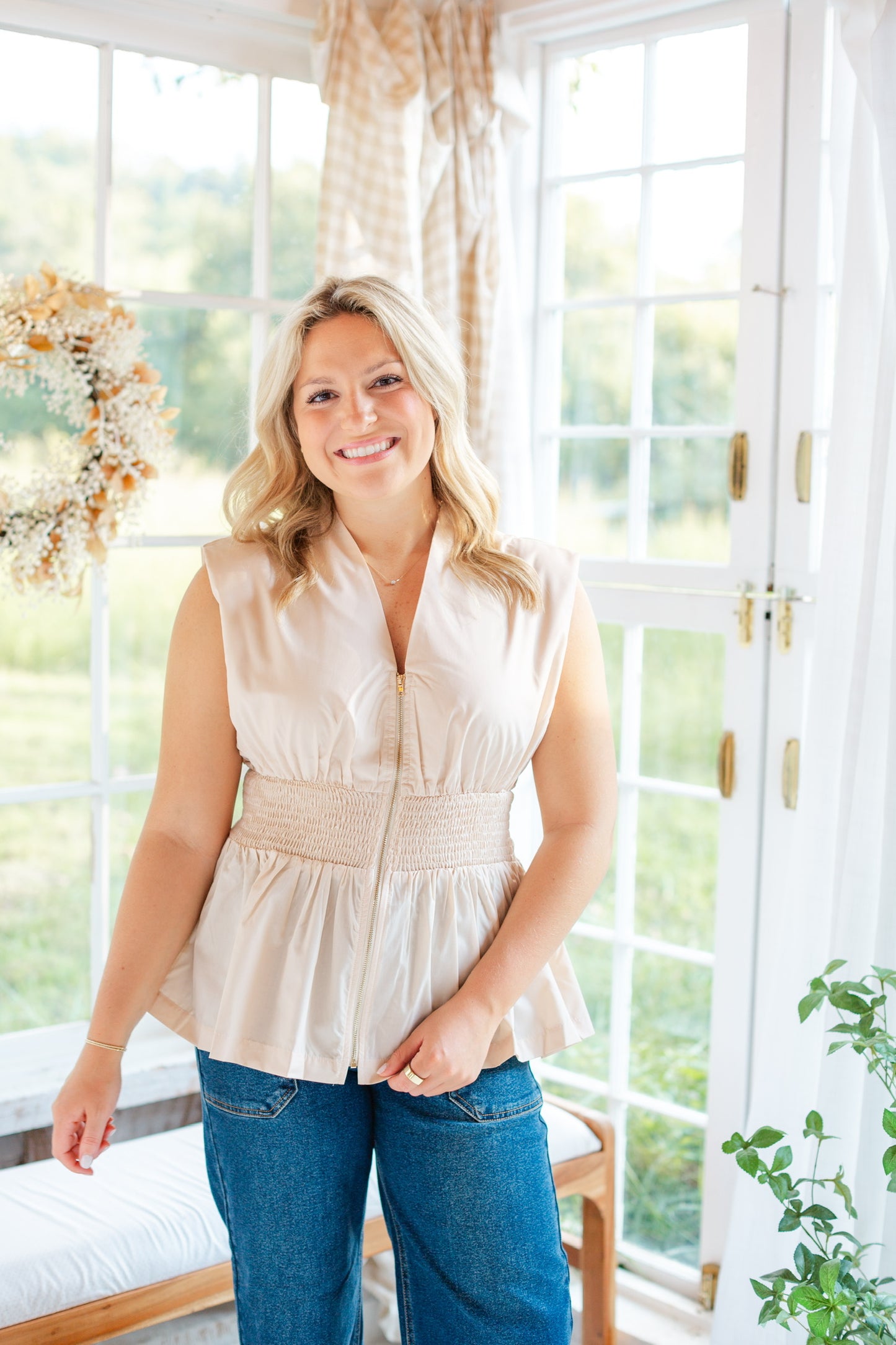 Cream Zip Up Sleeveless Top