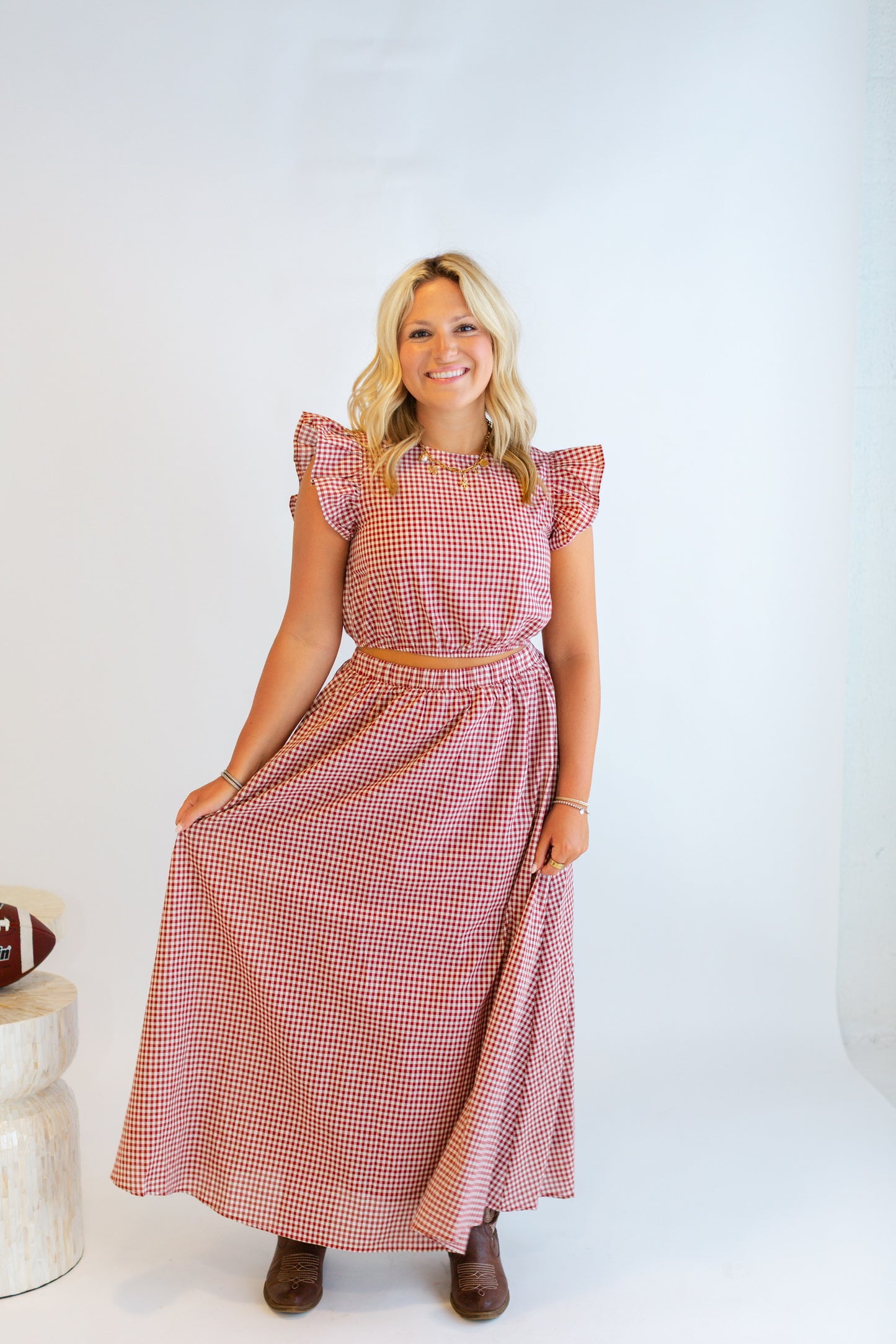 Maroon Gingham Matching Maxi Skirt Set