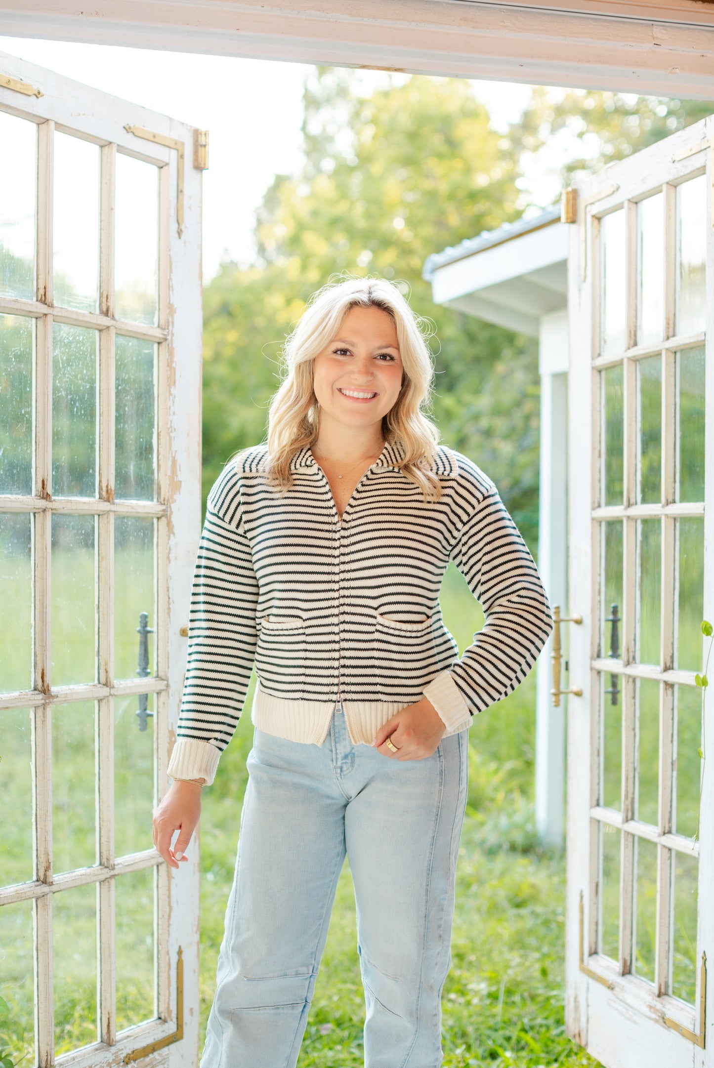 Green Striped Zip Up Sweater