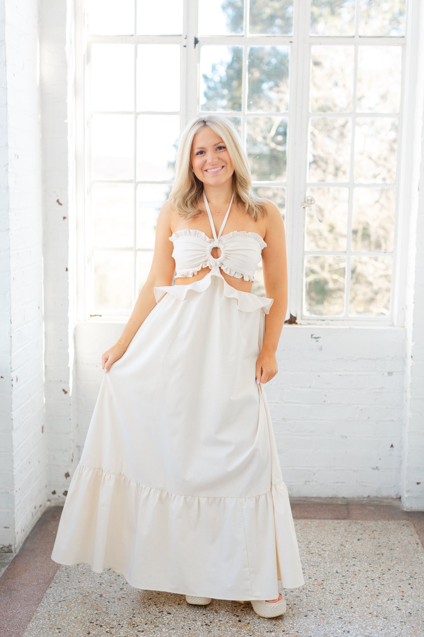 Ivory Cut Out Ruffled Maxi Halter Dress