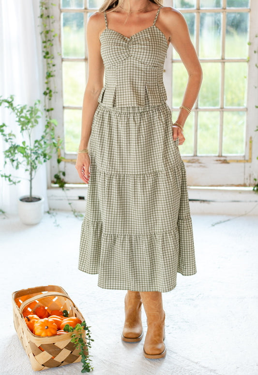 Green Plaid Midi Skirt Set