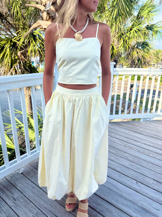 White & Yellow Striped Skirt Matching Set