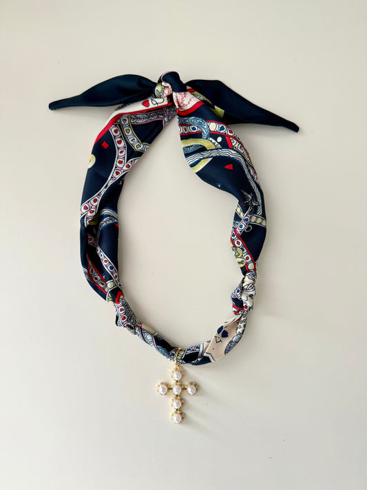 Navy Gold Cross Scarf Necklace