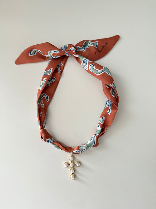 Burnt Orange Gold Cross Scarf Necklace