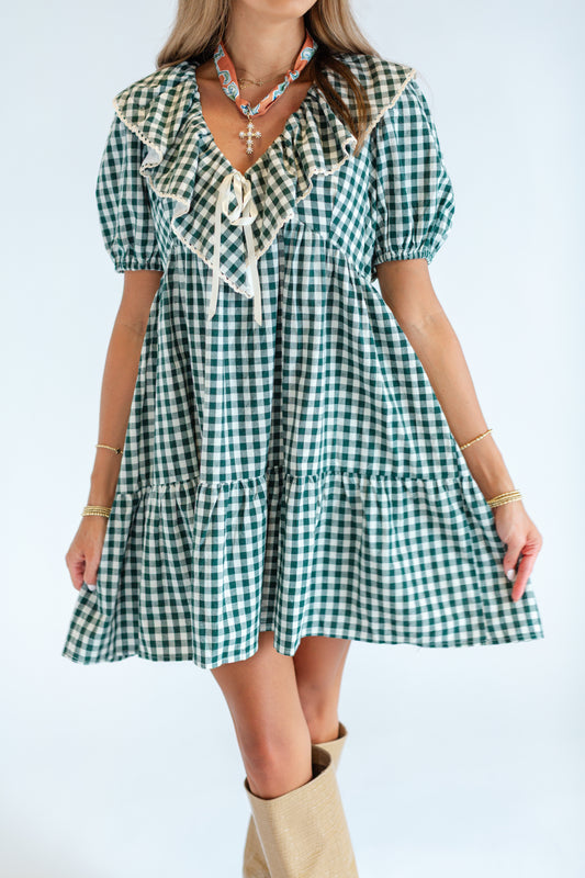 Green Gingham Short Sleeve Dress