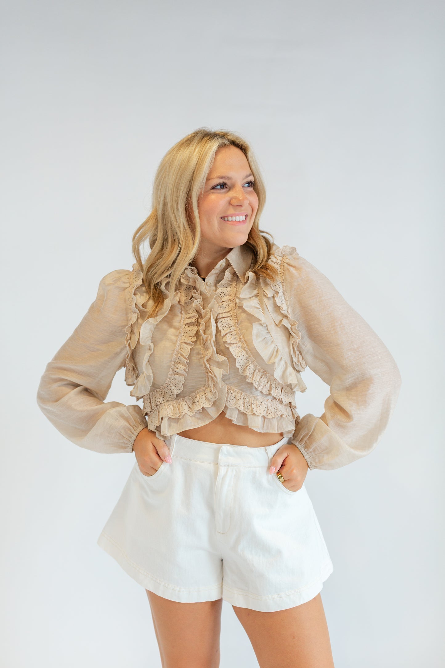 Taupe Ruffle Long Sleeve Blouse