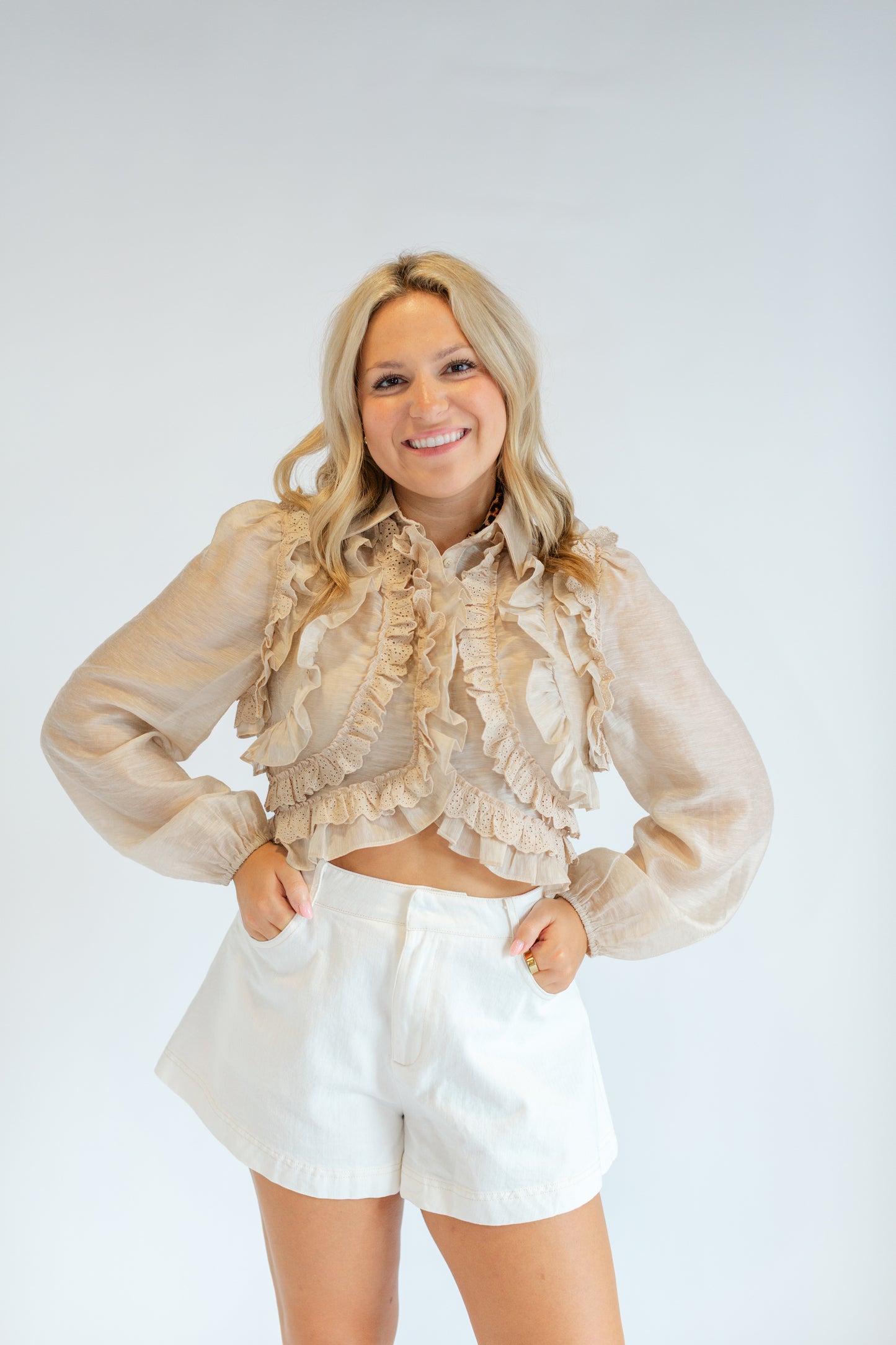 Taupe Ruffle Long Sleeve Blouse