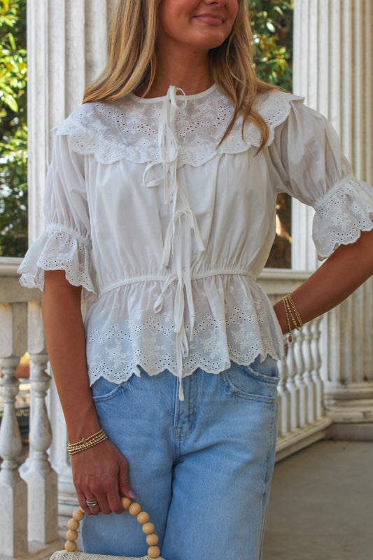 White Lace Short Sleeve Blouse