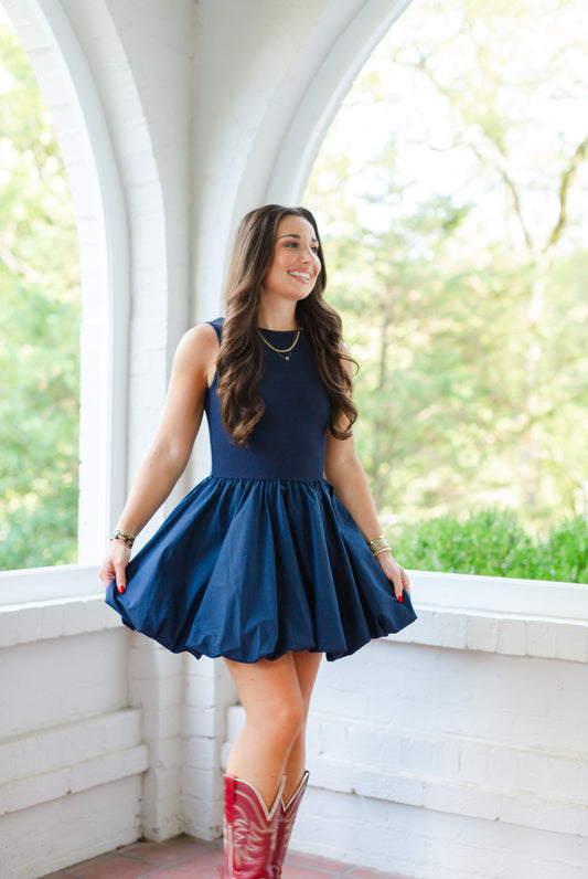 Navy Balloon Skirt Mini Dress