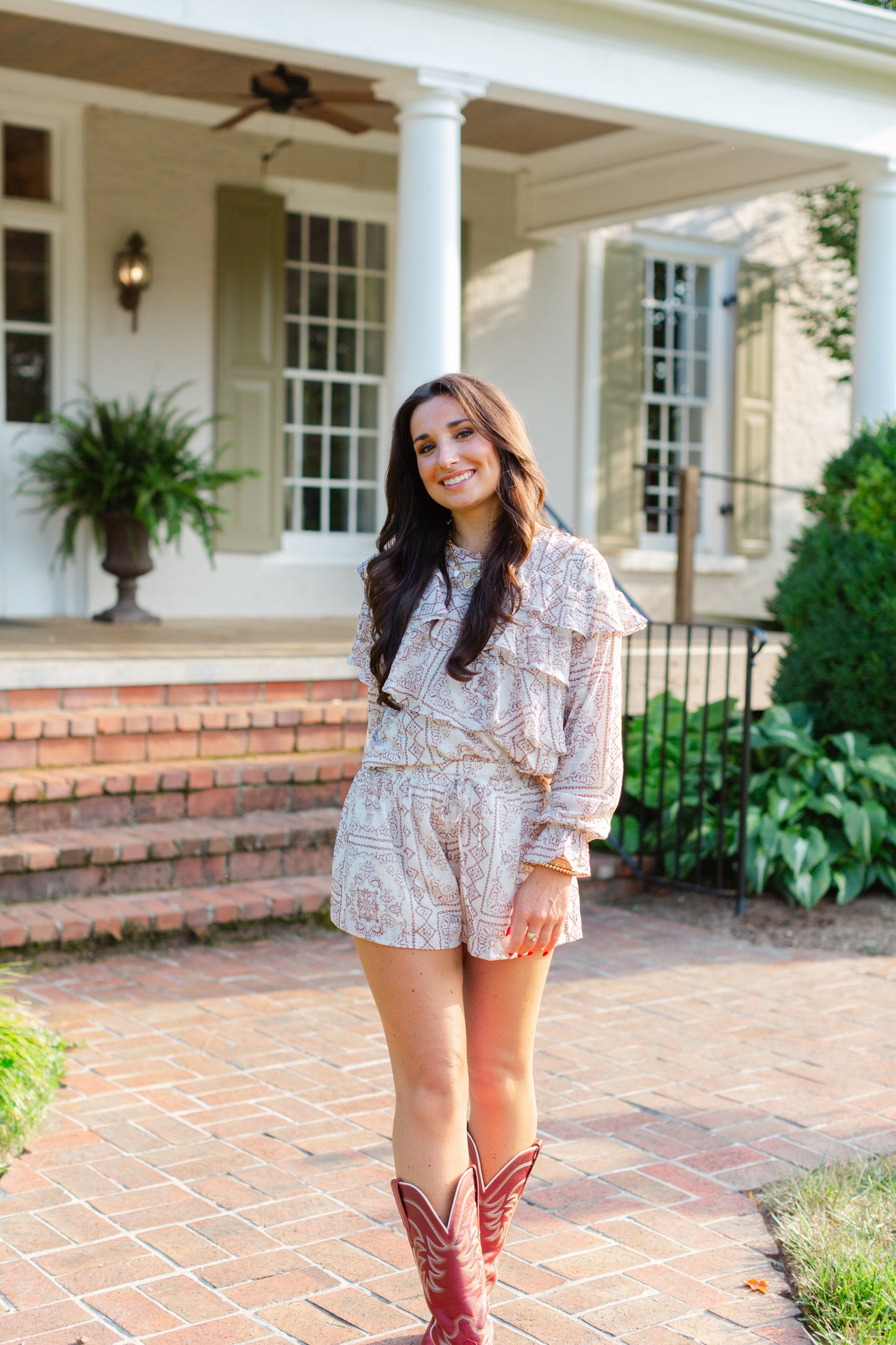Cream & Brown Floral Ruffle Matching Set