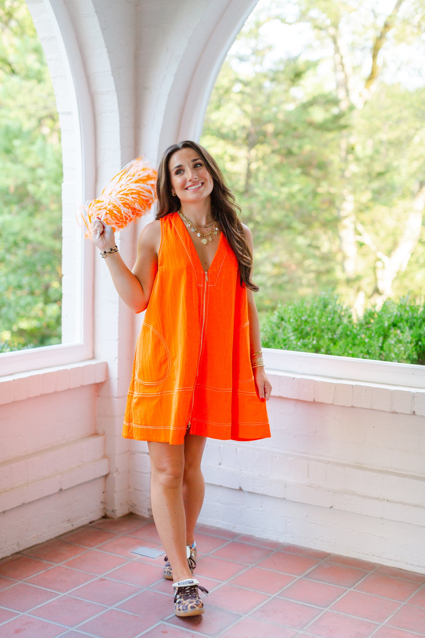 Orange Zip Up Sleeveless Mini Dress