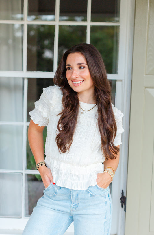 Cream Smocked Short Sleeve Top