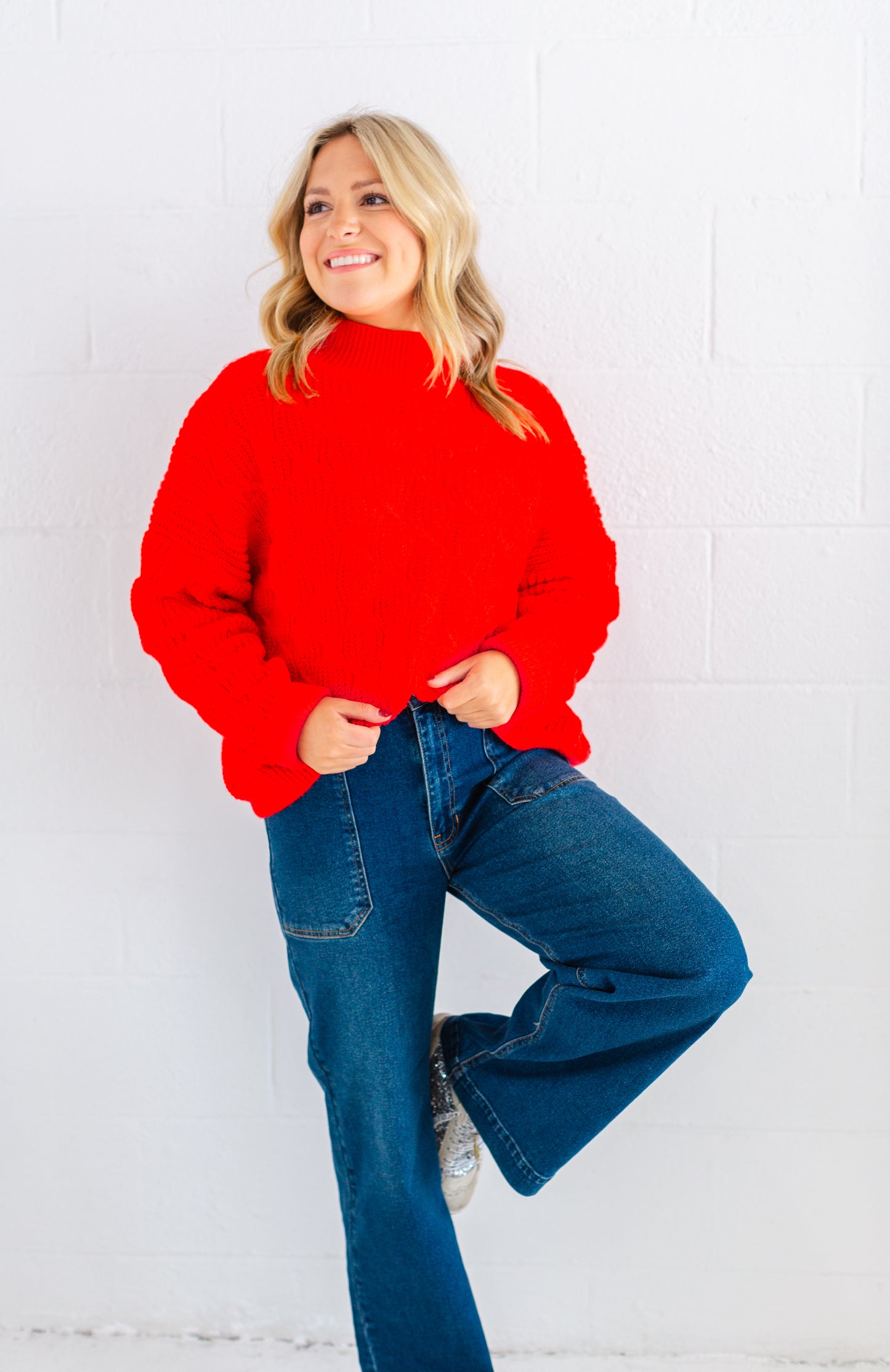 Red Cable Mock Neck Sweater