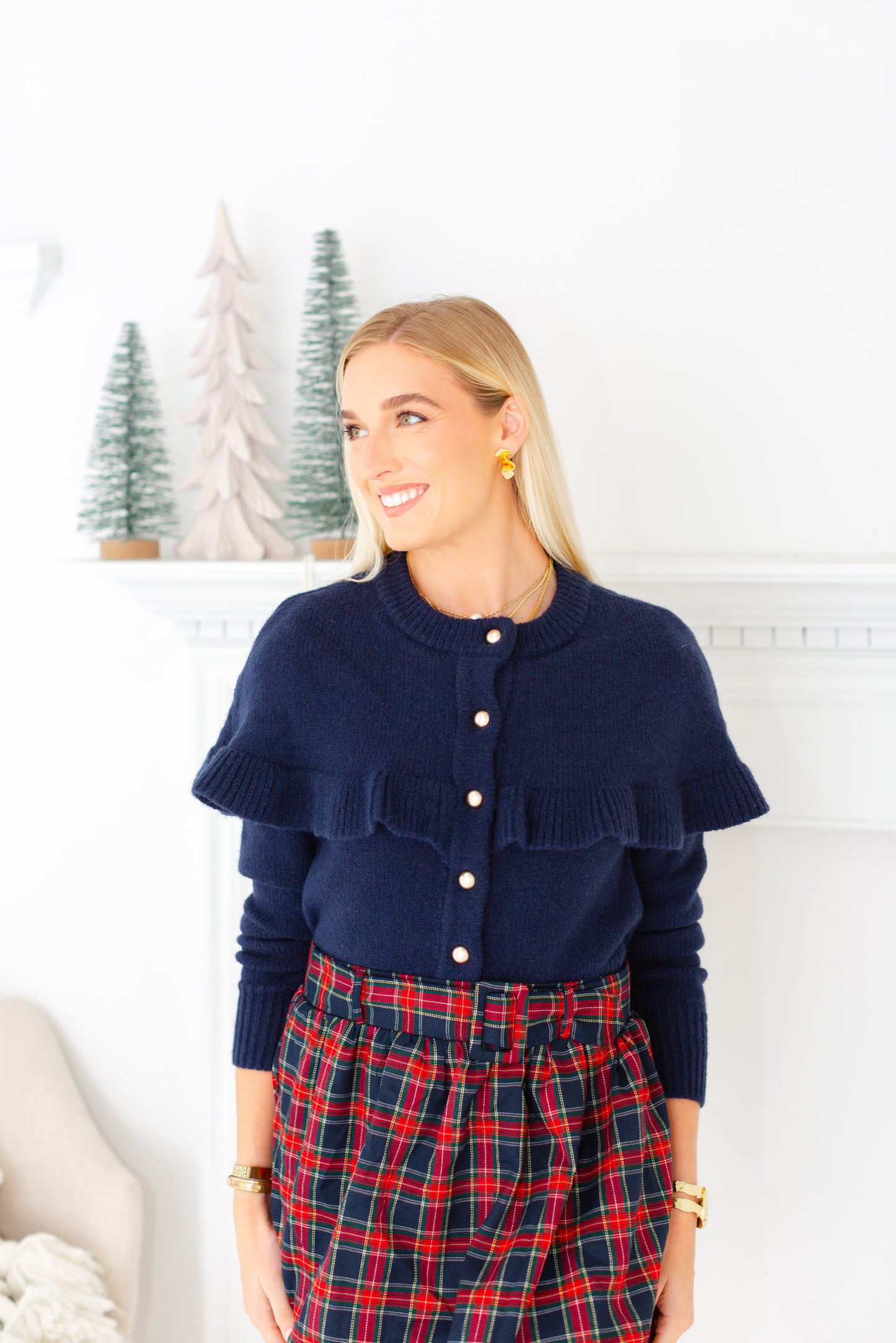 Navy Ruffle Button Down Sweater