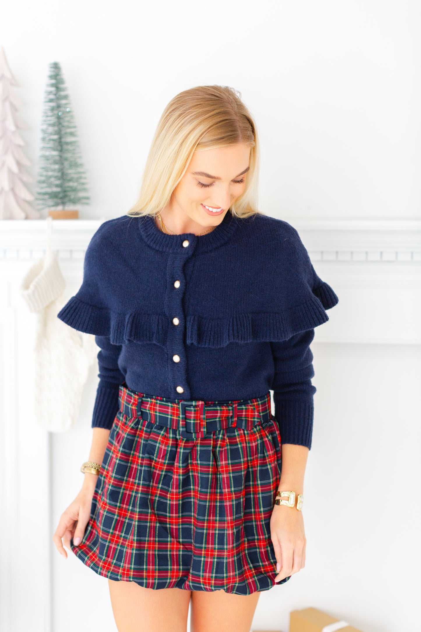 Navy Ruffle Button Down Sweater
