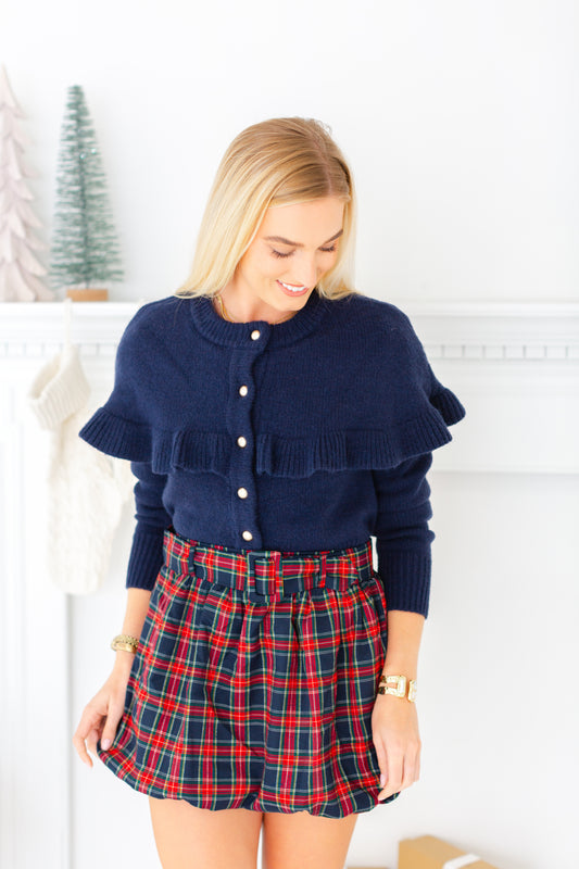 Navy Ruffle Button Down Sweater