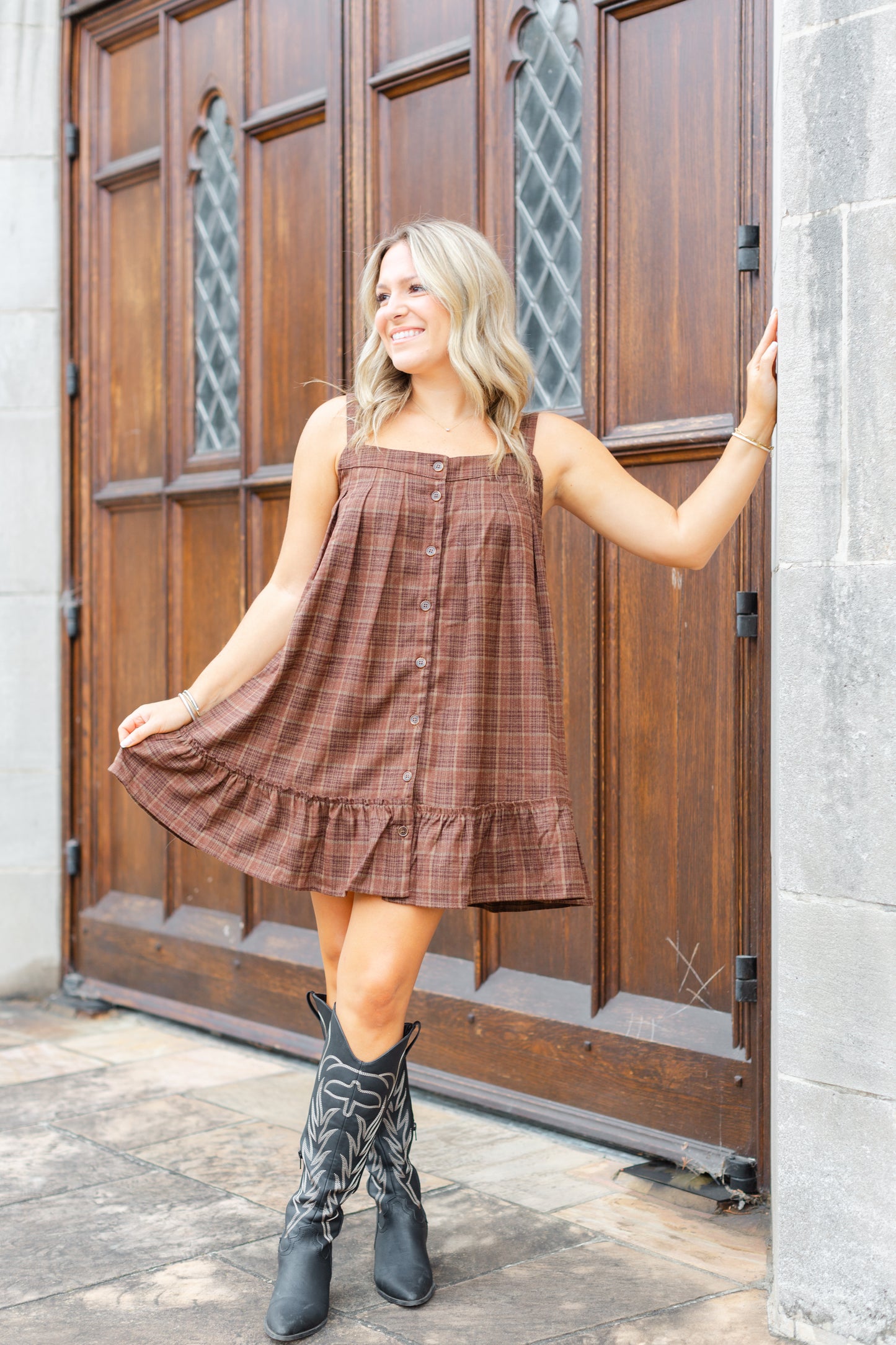 Brown Plaid Mini Dress