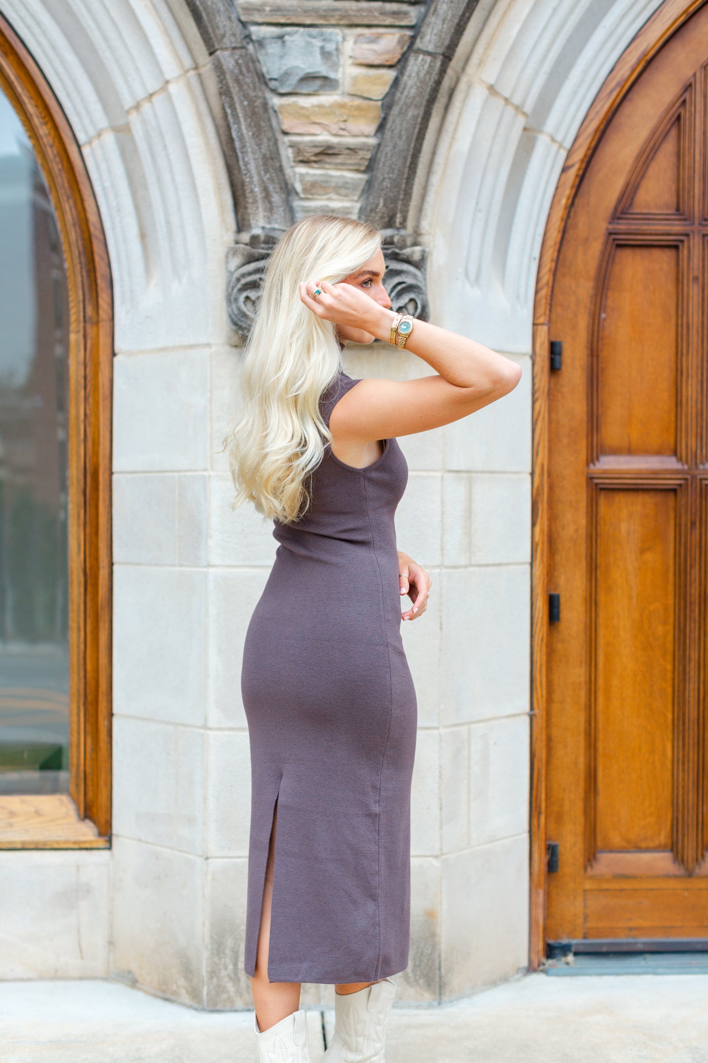 Grey Mock Neck Sweater Midi Dress