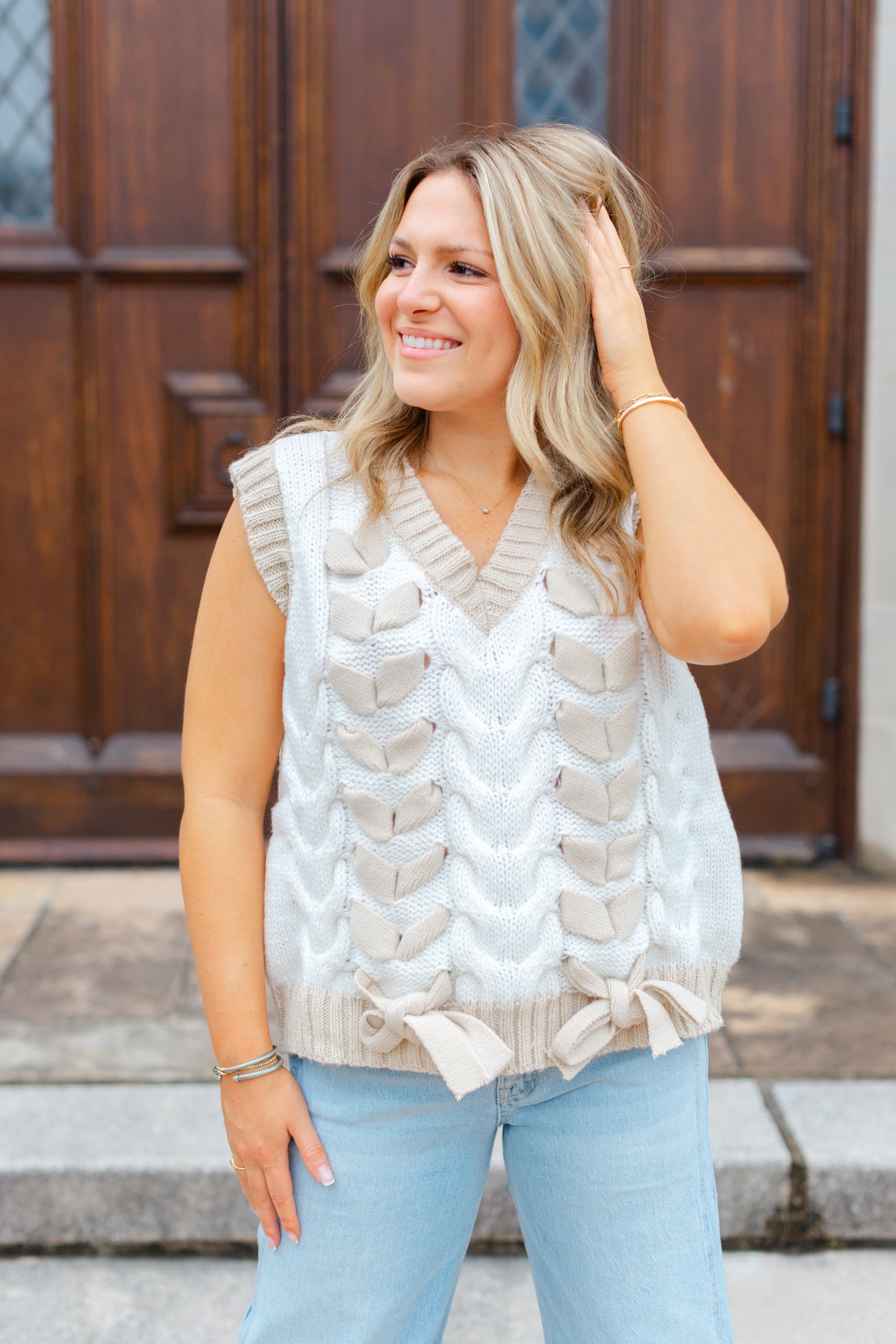 Cream Lace Up Bow Sweater Vest