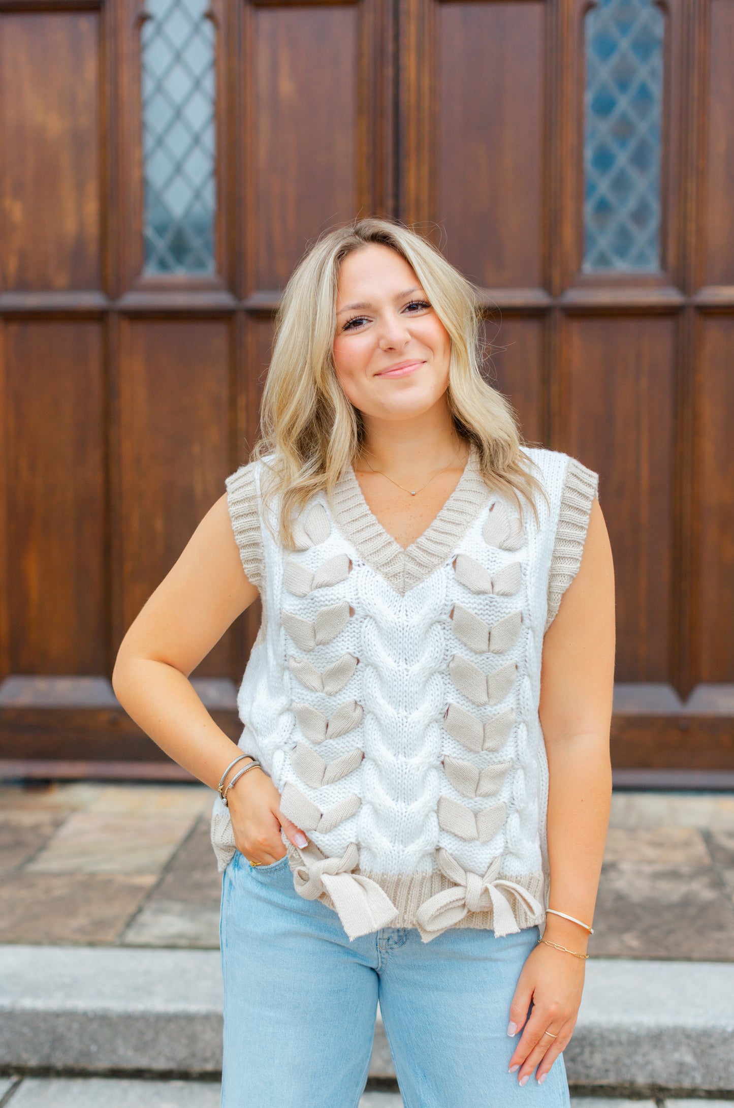 Cream Lace Up Bow Sweater Vest