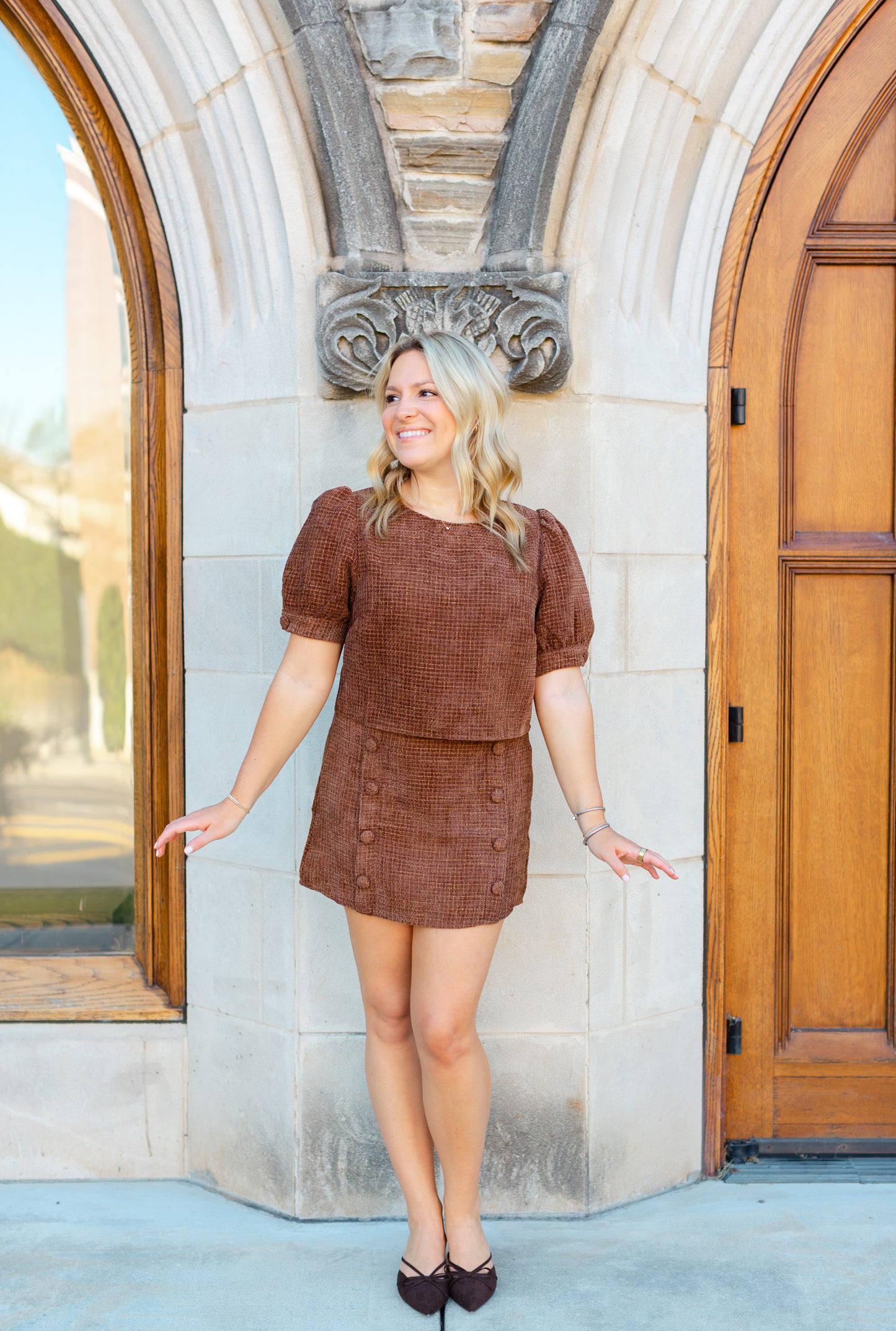 Brown Tweed Matching Mini Skirt Set