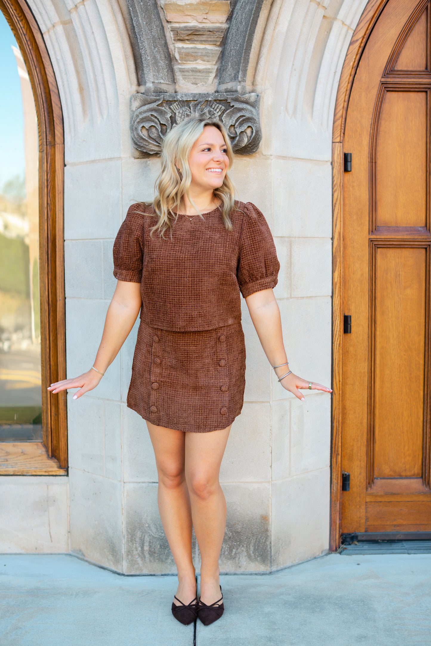 Brown Tweed Matching Mini Skirt Set