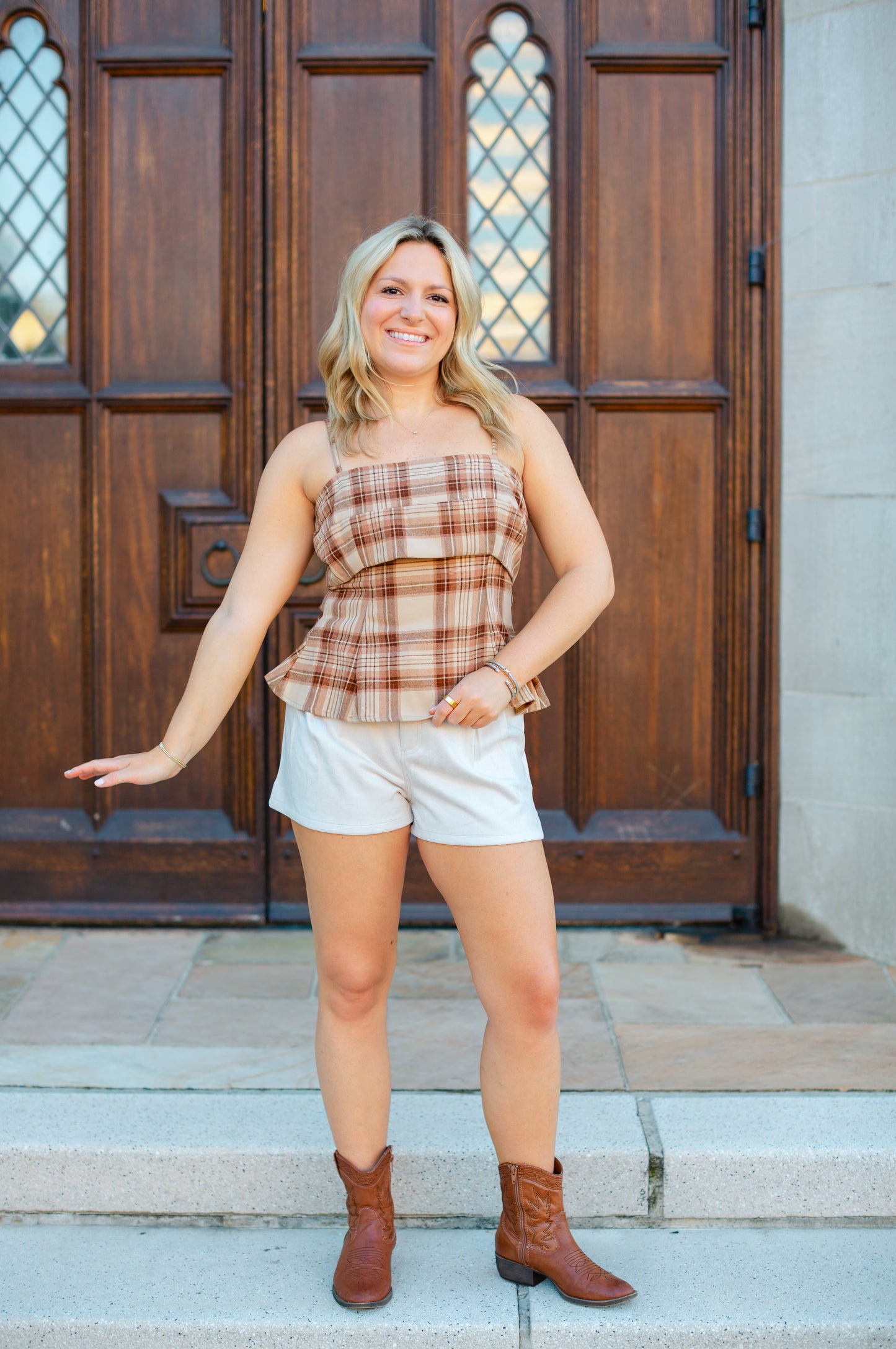 Brown Multi Color Sleeveless Gingham Top