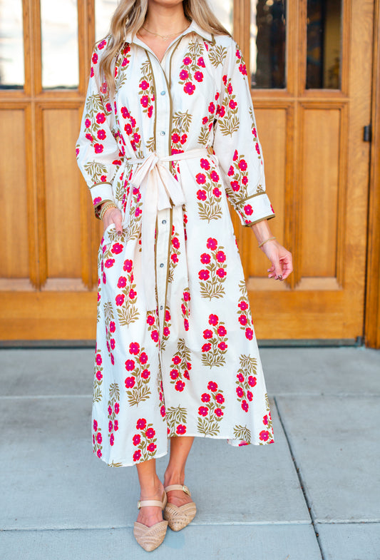 Cream Floral Belted Maxi Dress