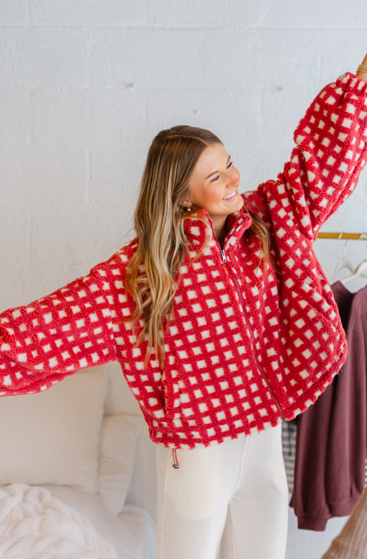 Red Gingham Sherpa Jacket