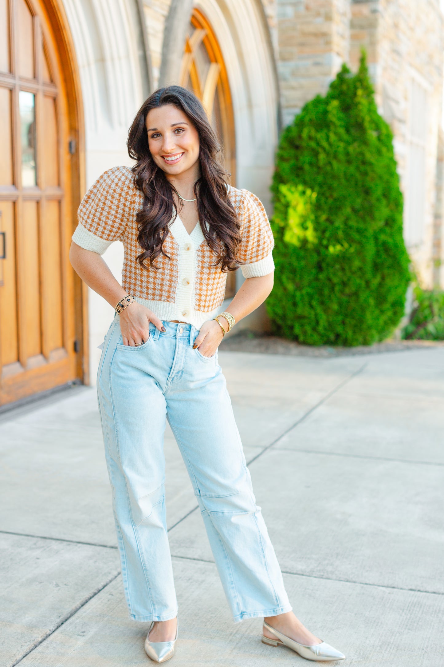 Camel Gingham Sweater Short Sleeve Top