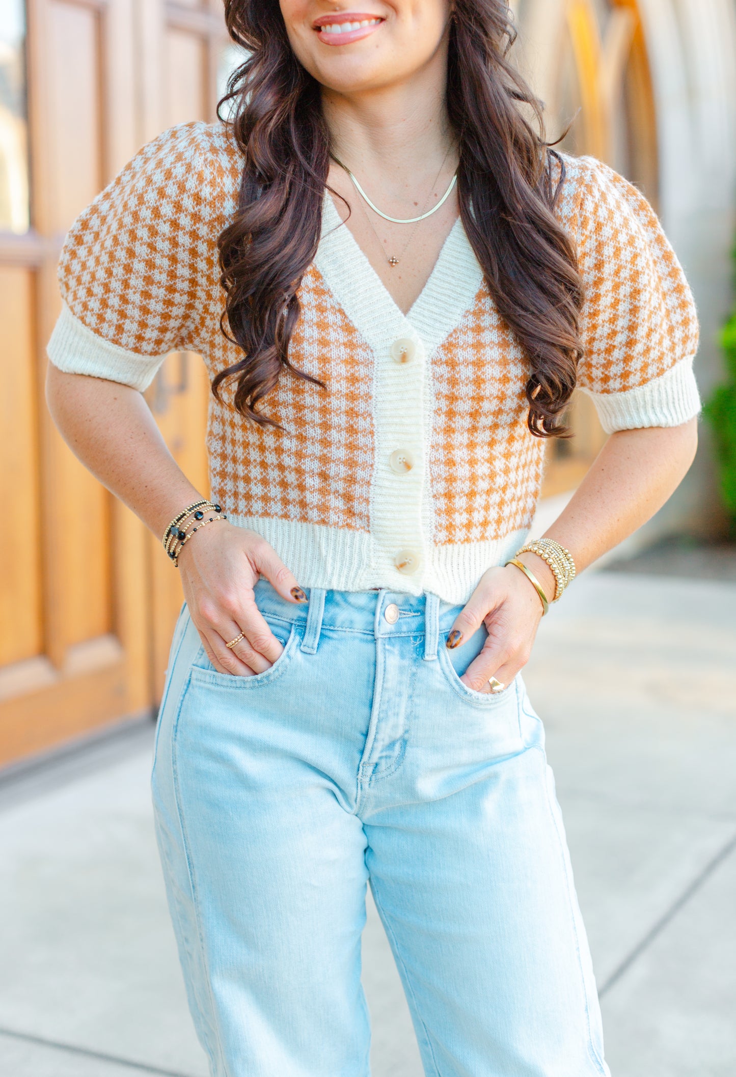 Camel Gingham Sweater Short Sleeve Top