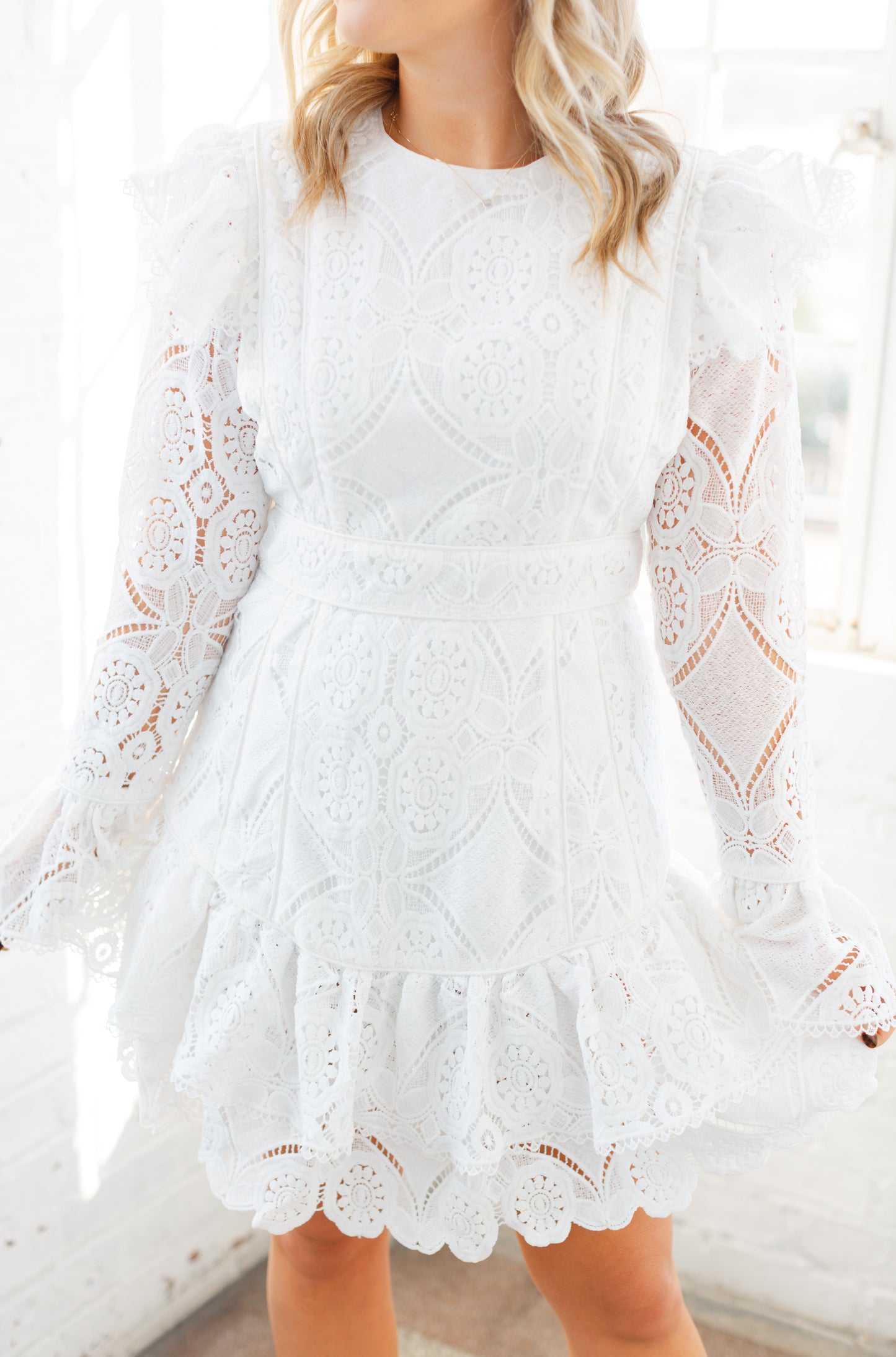 White Lace Tiered Mini Dress